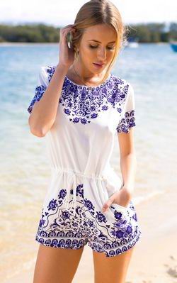 F2439 Blue and White Porcelain Playsuit